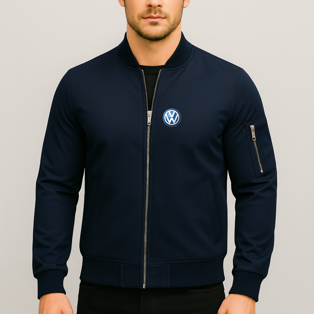 Men’s VW Volkswagen Car Lightweight Zip-Up Bomber Jacket with Ribbed Collar and Cuffs - Versatile Casual Outerwear